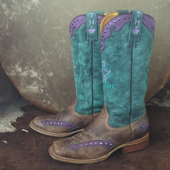 Tin Haul Shoes - TIN HAUL ladies "WILD ROSE" cowboy boots brown/teal/purple leather Arrows sz 8